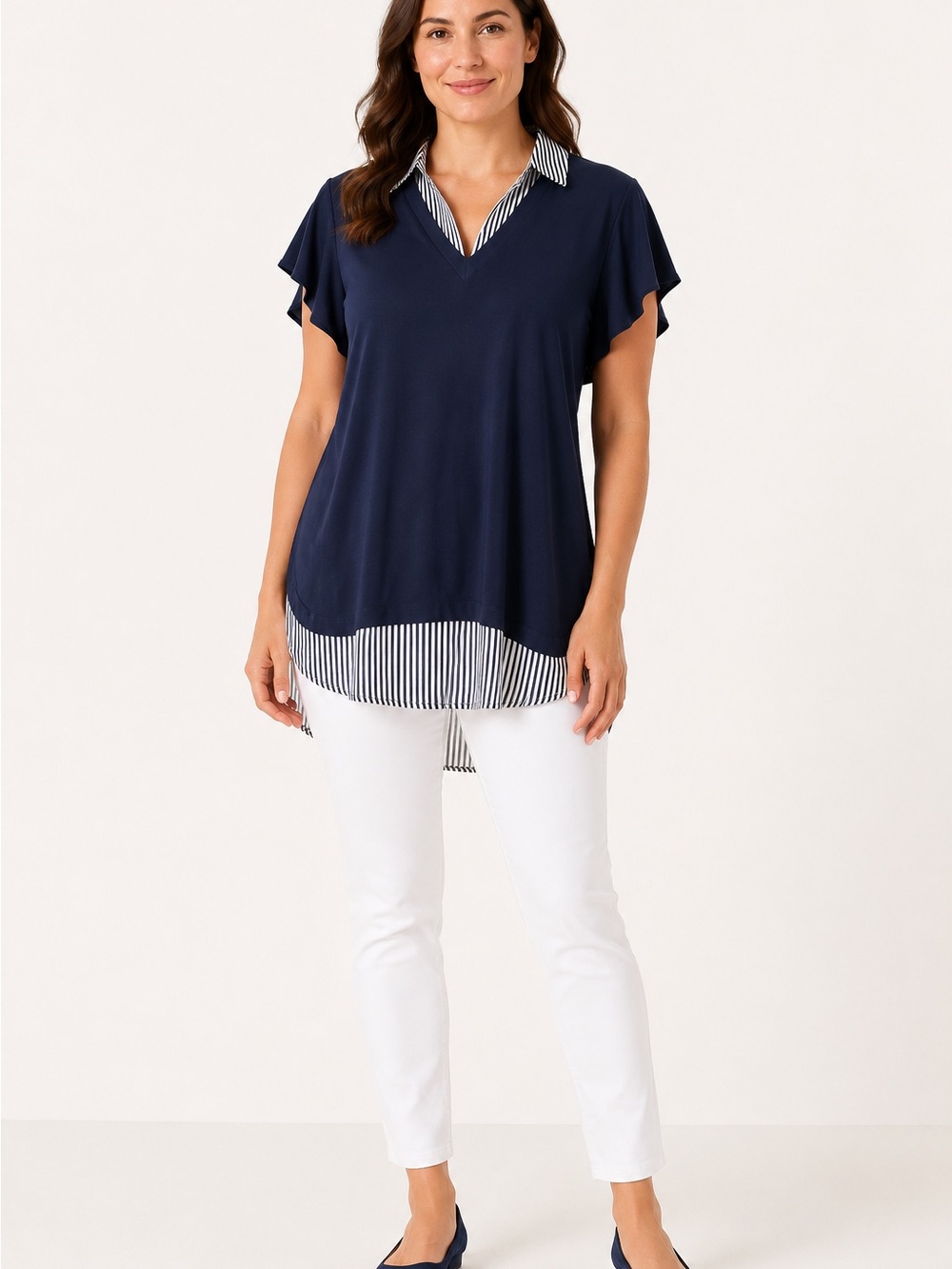 Adrianna Papell Navy Striped Layered Tunic Top XL